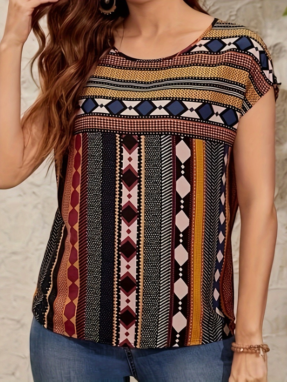 NEW Emery Rose Geo Print Boho Pullover Blouse Top Size Small